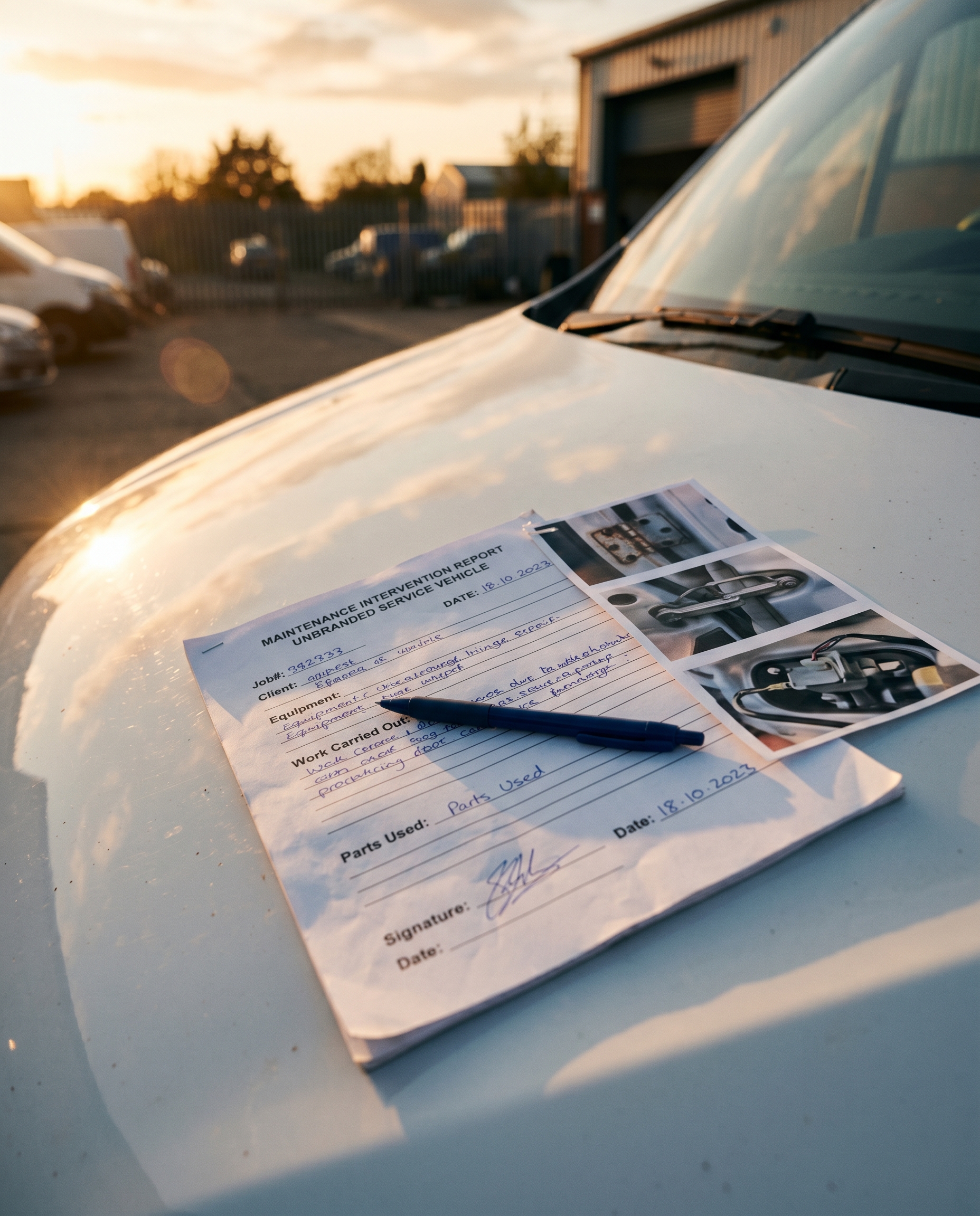 Rapport d'intervention A4 posé sur le capot d'une camionnette Fermé-Lux, stylo et photos annexes