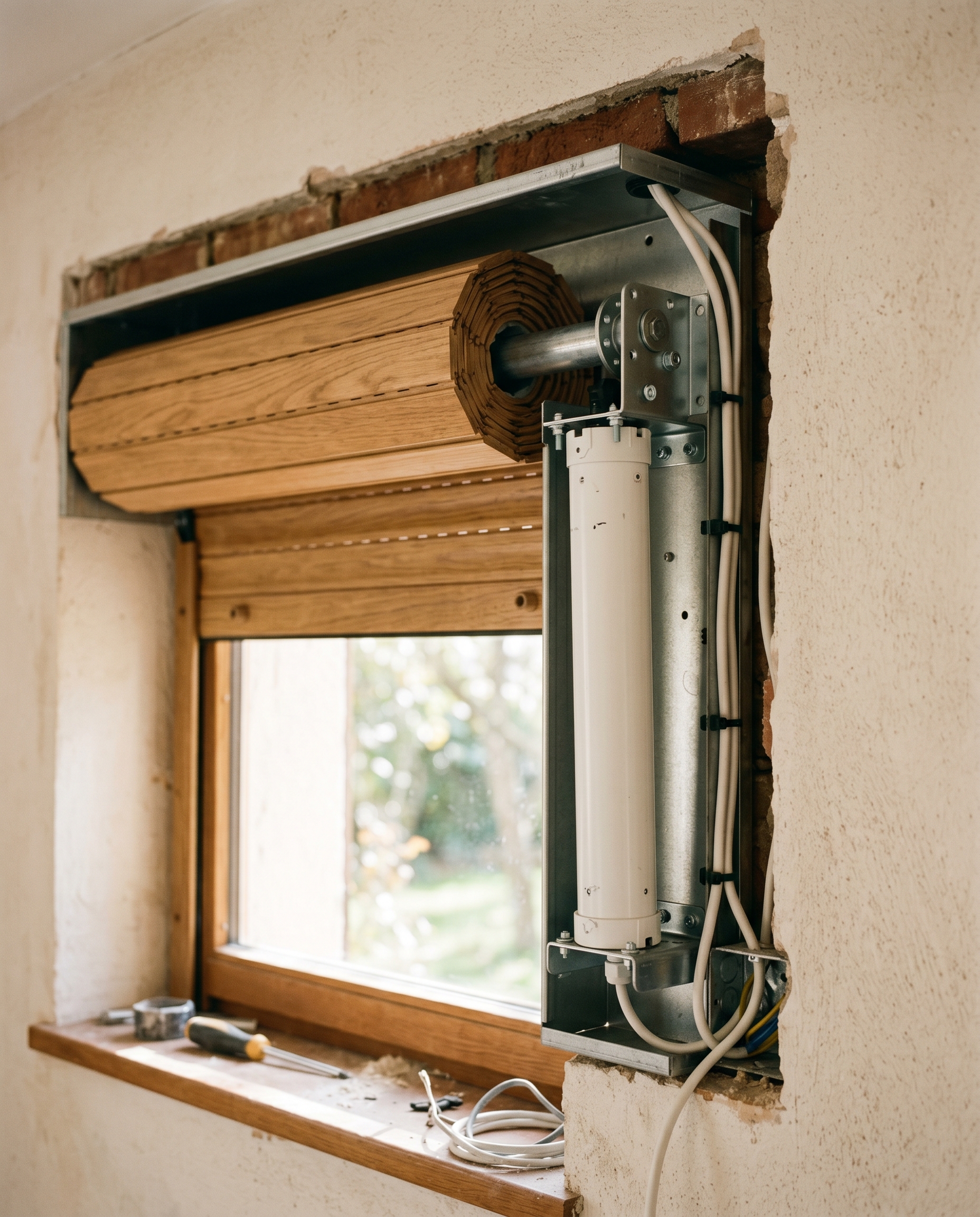 Gros plan sur un moteur tubulaire Somfy Oximo installé dans un caisson de volet roulant avec câblage 230V propre