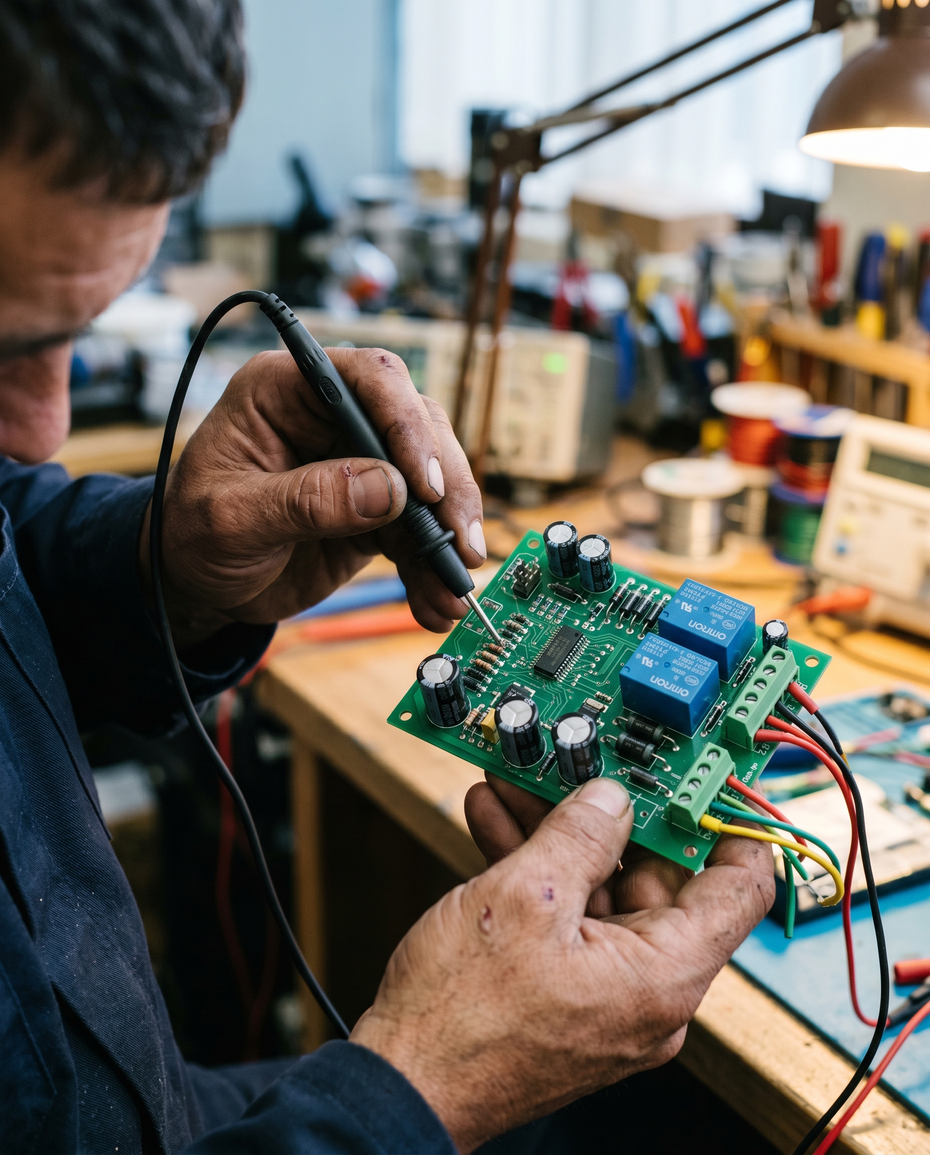 Technicien Fermé-Lux en diagnostic multimétrique sur carte électronique CAME ZA5 — expertise multimarques